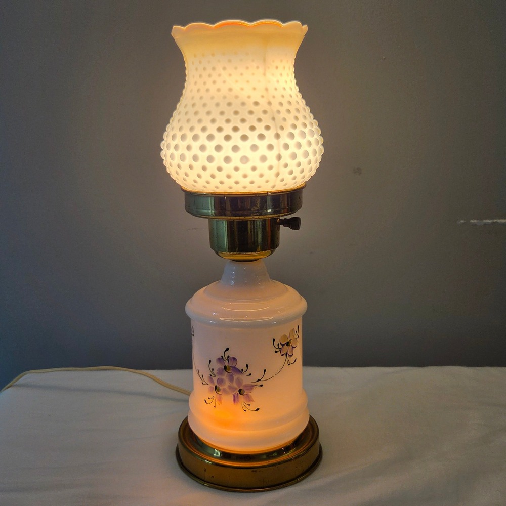 Vtg Milk Glass Hobnail Tulip Hurricane Lamp Hand Painted Floral Brass Base 12in